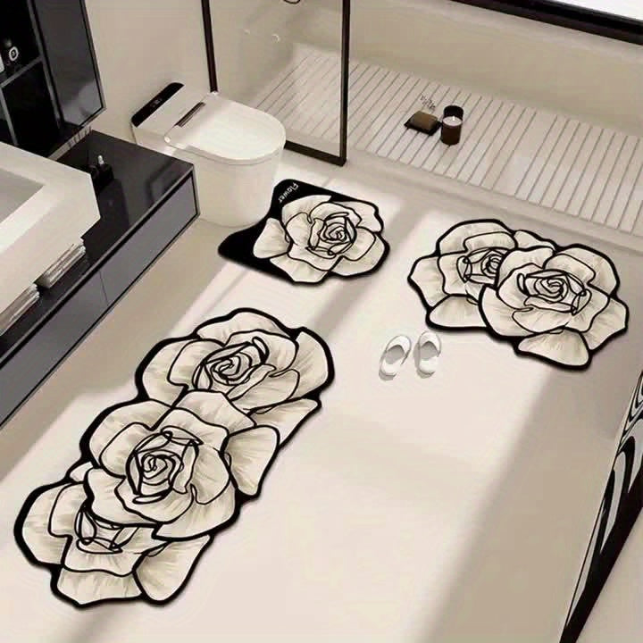 Elegant Floral Diatomite Bathroom Mat Set 3 Piece Non Slip