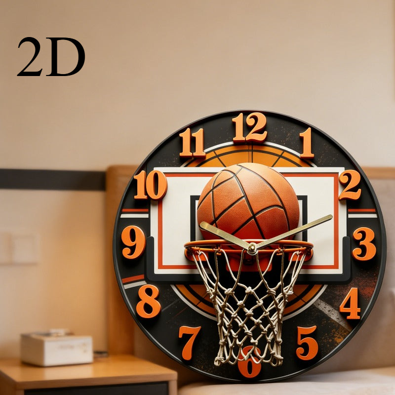 Basketball Wall Clock with Net, Silent Quartz Movement, Wood Frame
