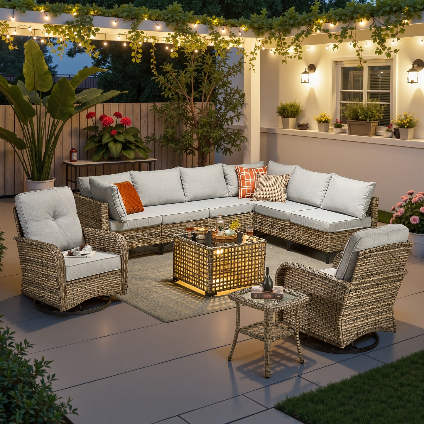 HOOOWOOO Outdoor Patio Furniture Set Wicker Sectional Sofa Swivel Chairs