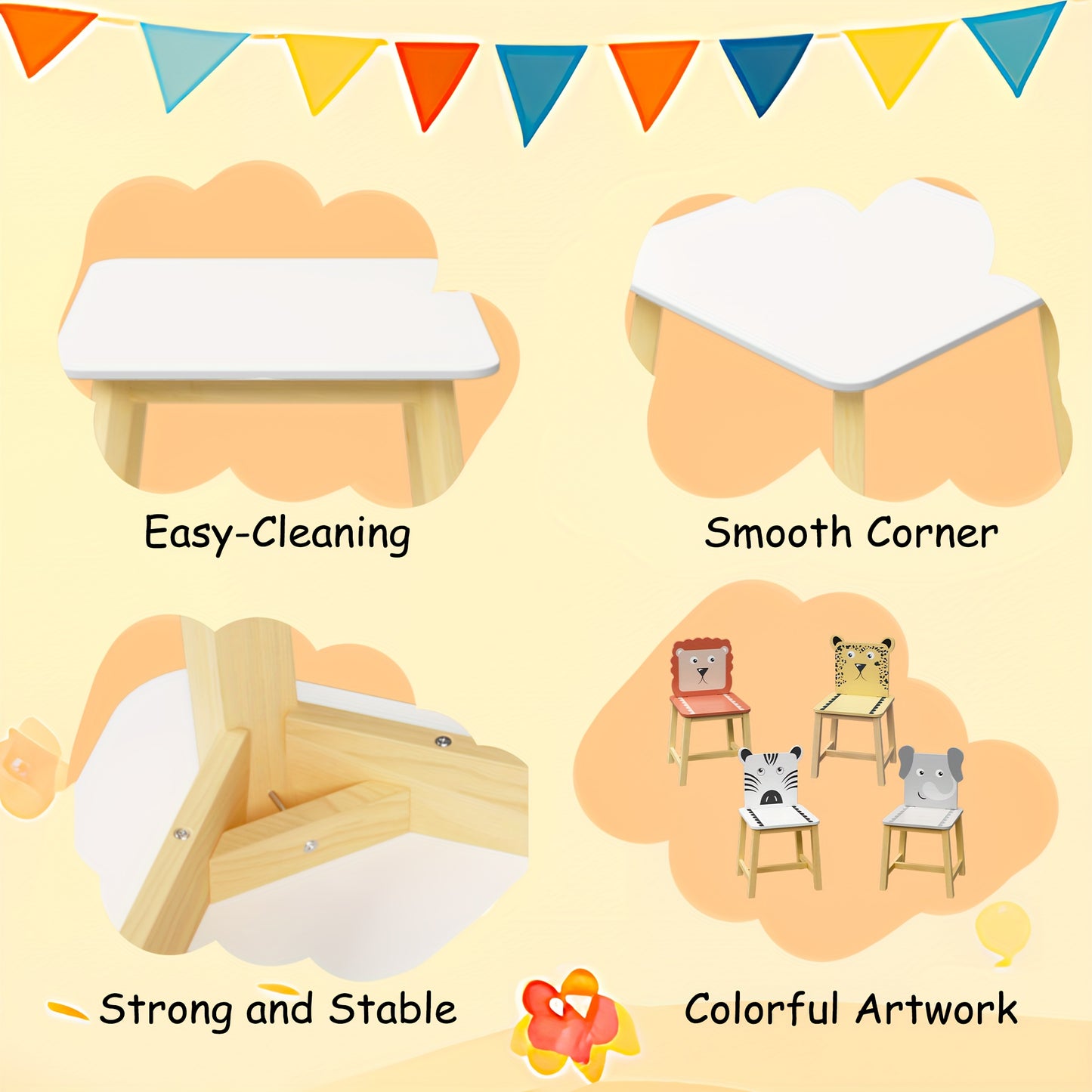 Kids Table And Chair Set With Animal Theme Wood Furniture