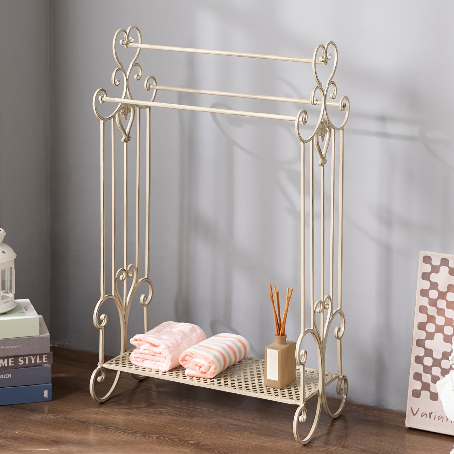 Three Tier Metal Freestanding Towel Rack With Shelf For Bathroom