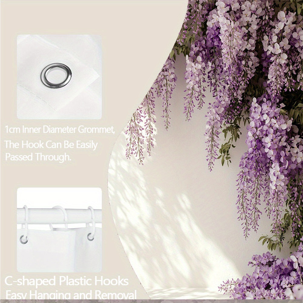 1pc Elegant Purple Wisteria Shower Curtain with White Blossoms - Extra Long 70.8x70.8 Inches, Beige & Green Foliage Design, 12 Hooks Included, Machine Washable for Spa-Like Bathroom Decor in Lilac, Wisteria or Wisteria Flowe