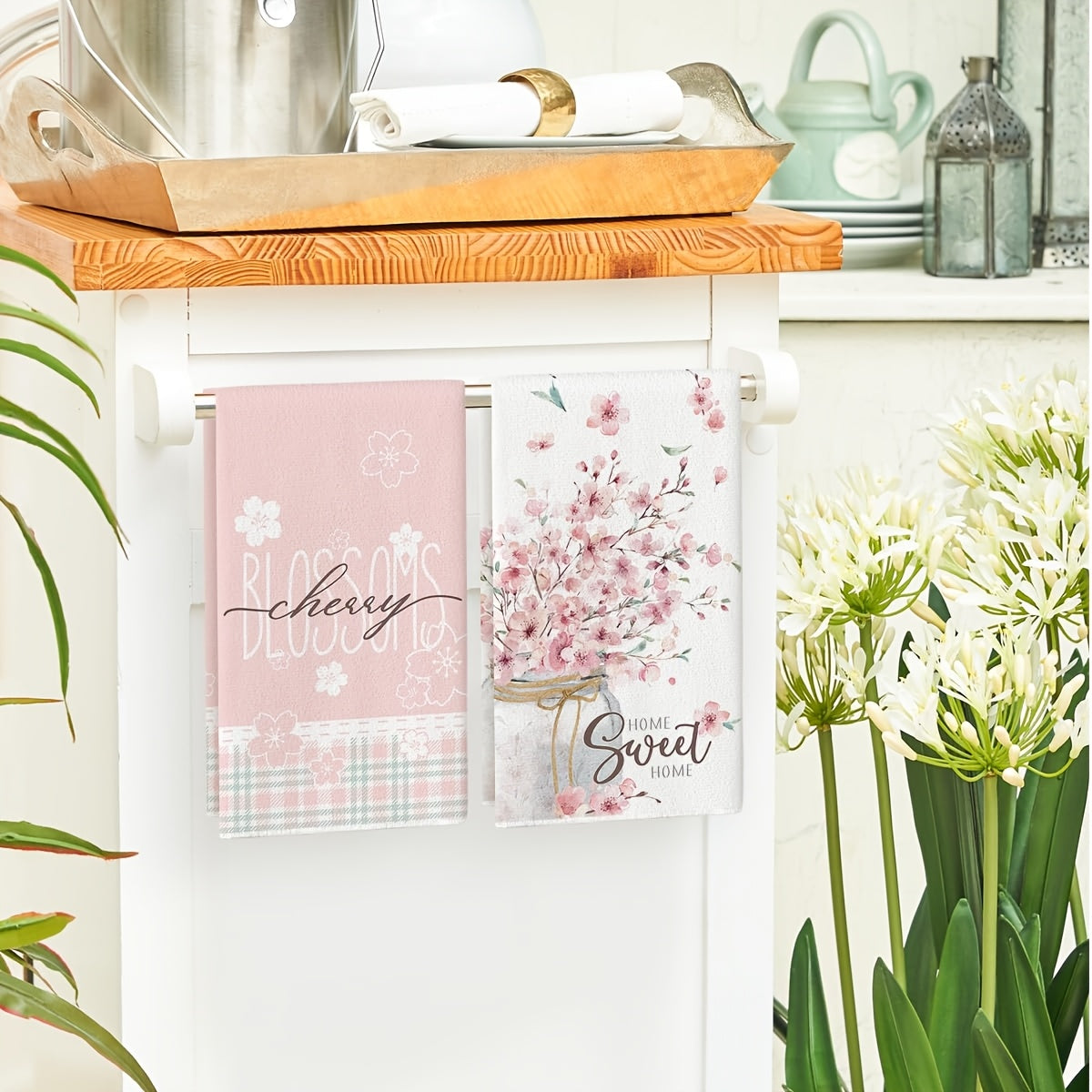 Spring Pink Cherry Blossom Dish Towels Suitable for Farmhouse Kitchen, Easter Decorations - Rustic Rectangular Hand & Dish Cloths with Flowers, Machine Washable, Spring Table Setting