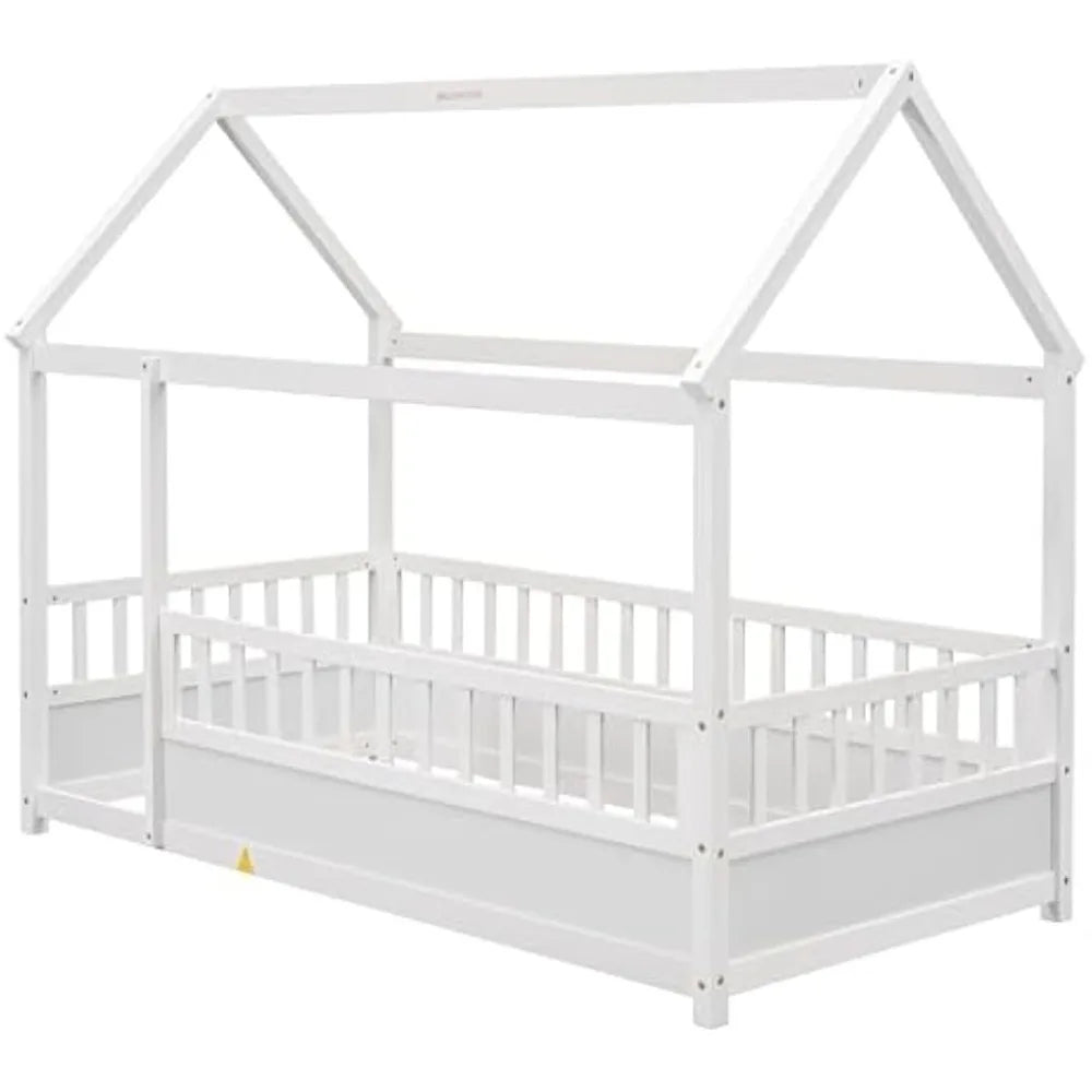 Montessori Floor Bed Twin Size, Twin Montessori Bed with Fence, Twin Size House Bed for Kids, Girls, Boys