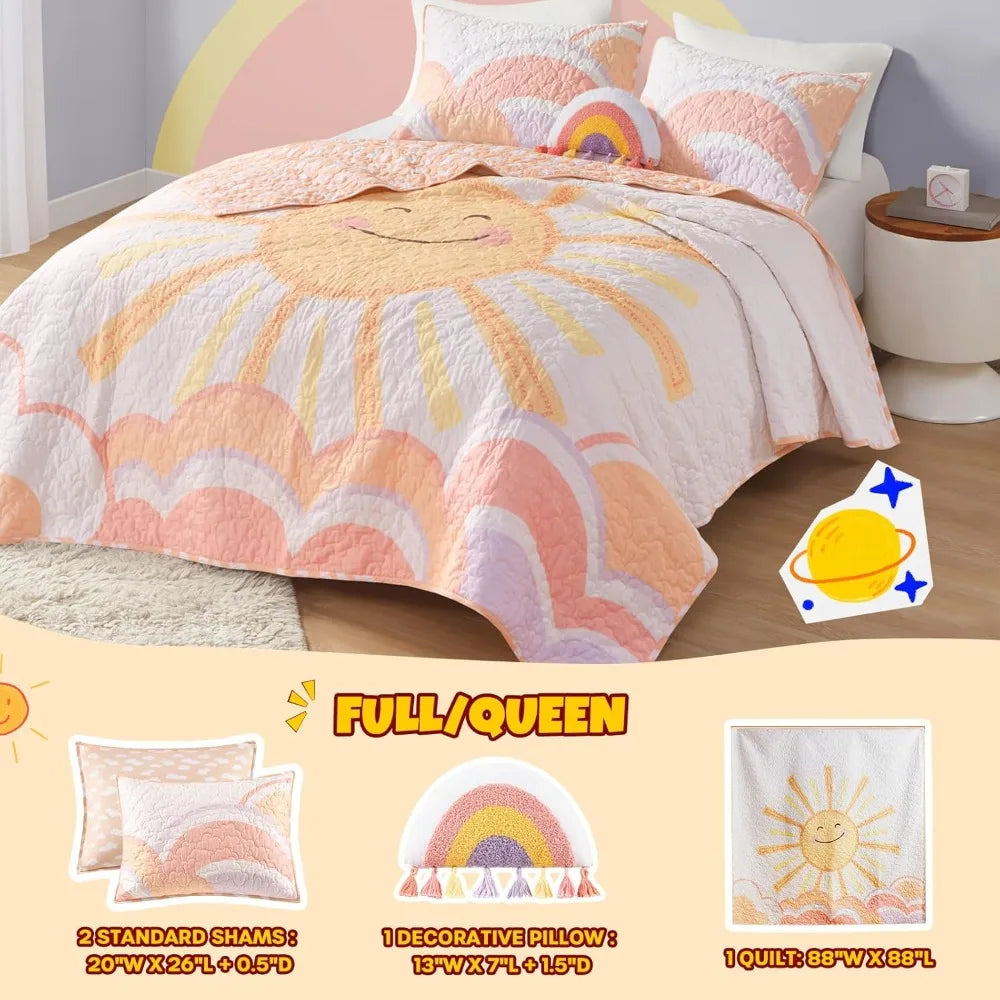 Kids Queen Bedding Set Cotton Sun Full Size Quilt Sets for Girls Rainbow & Clouds Reversible Queen Coverlet D
