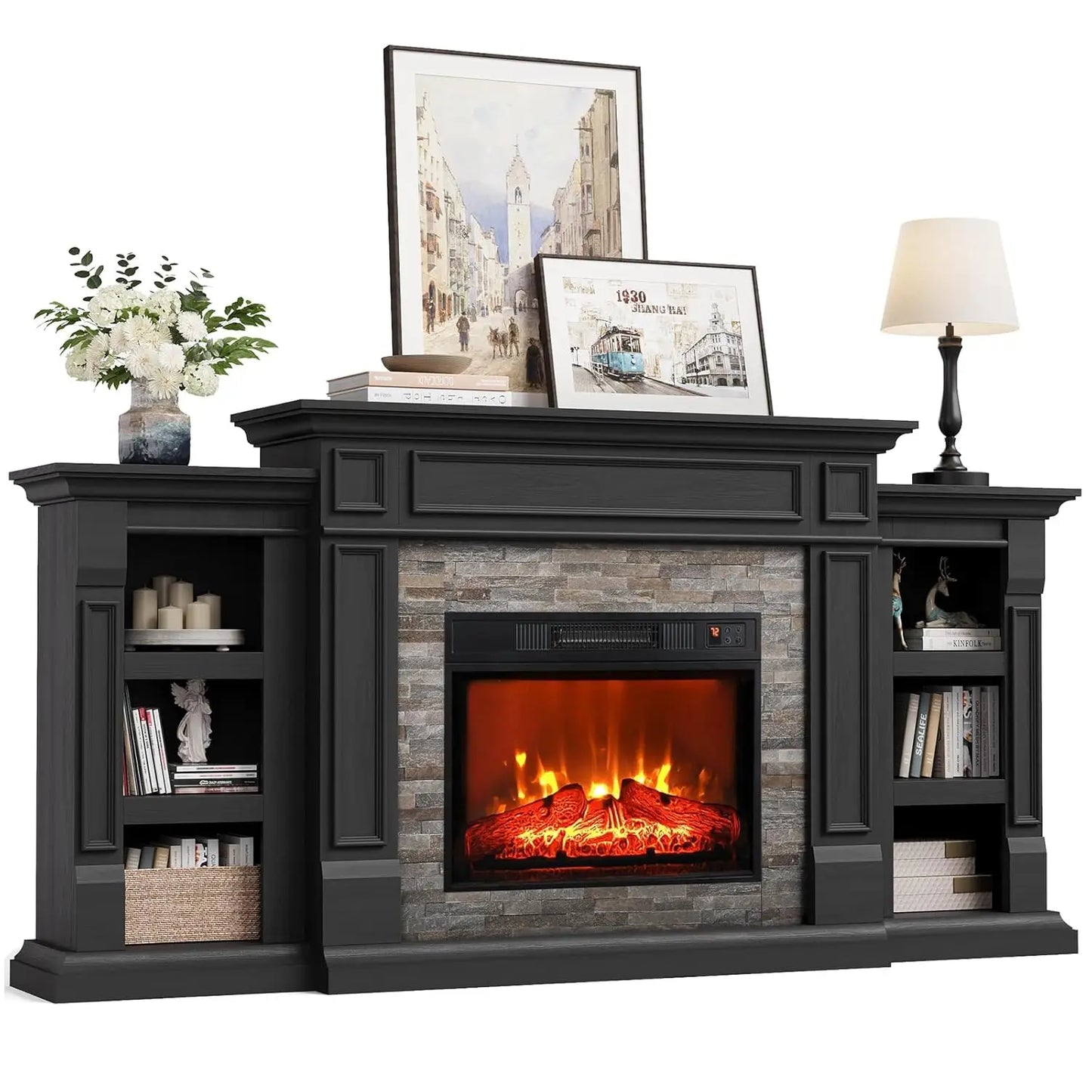 Electric Fireplace With Mantel Cabinets TV Stand Living Room