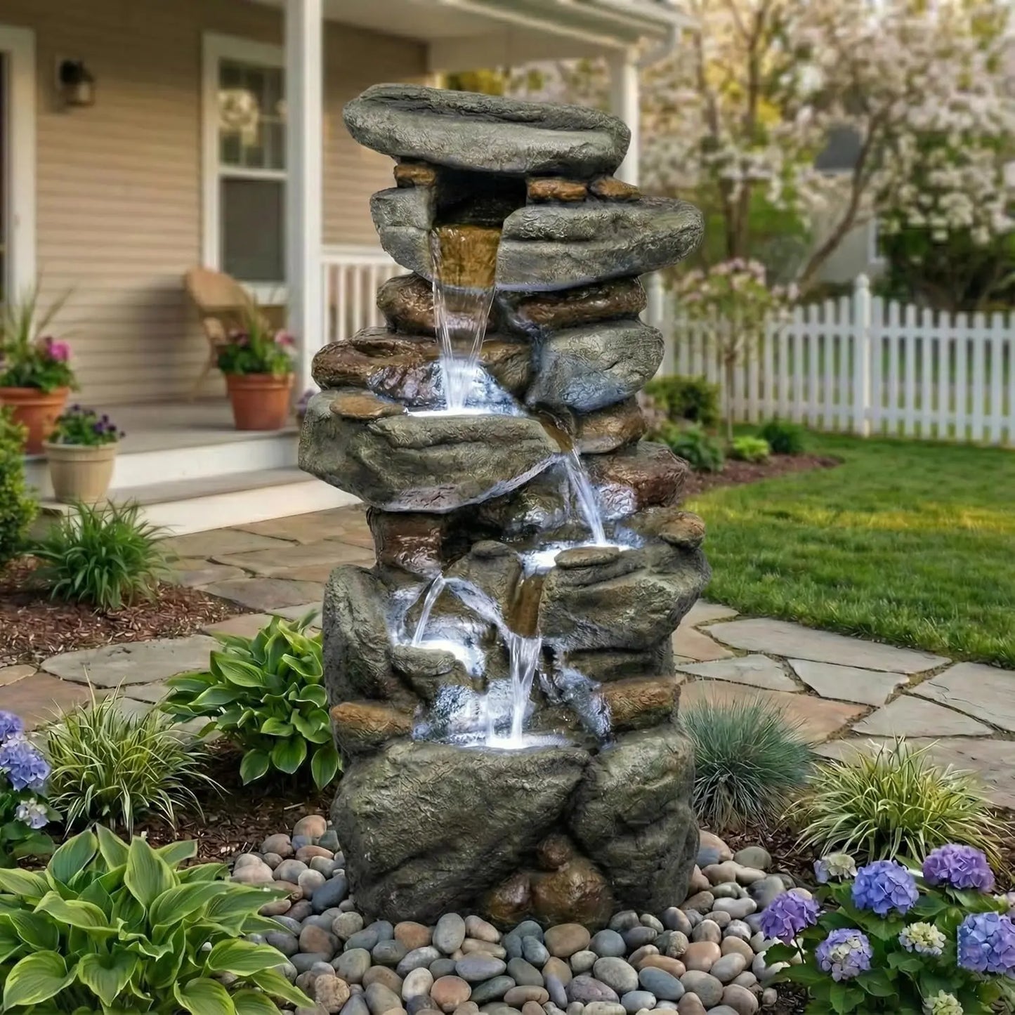 Outdoor Water Fountain Large - Stone Fountains with LED Light for Patio Yard Garden Backyard Decking Outdoor or Entryway Decor 3