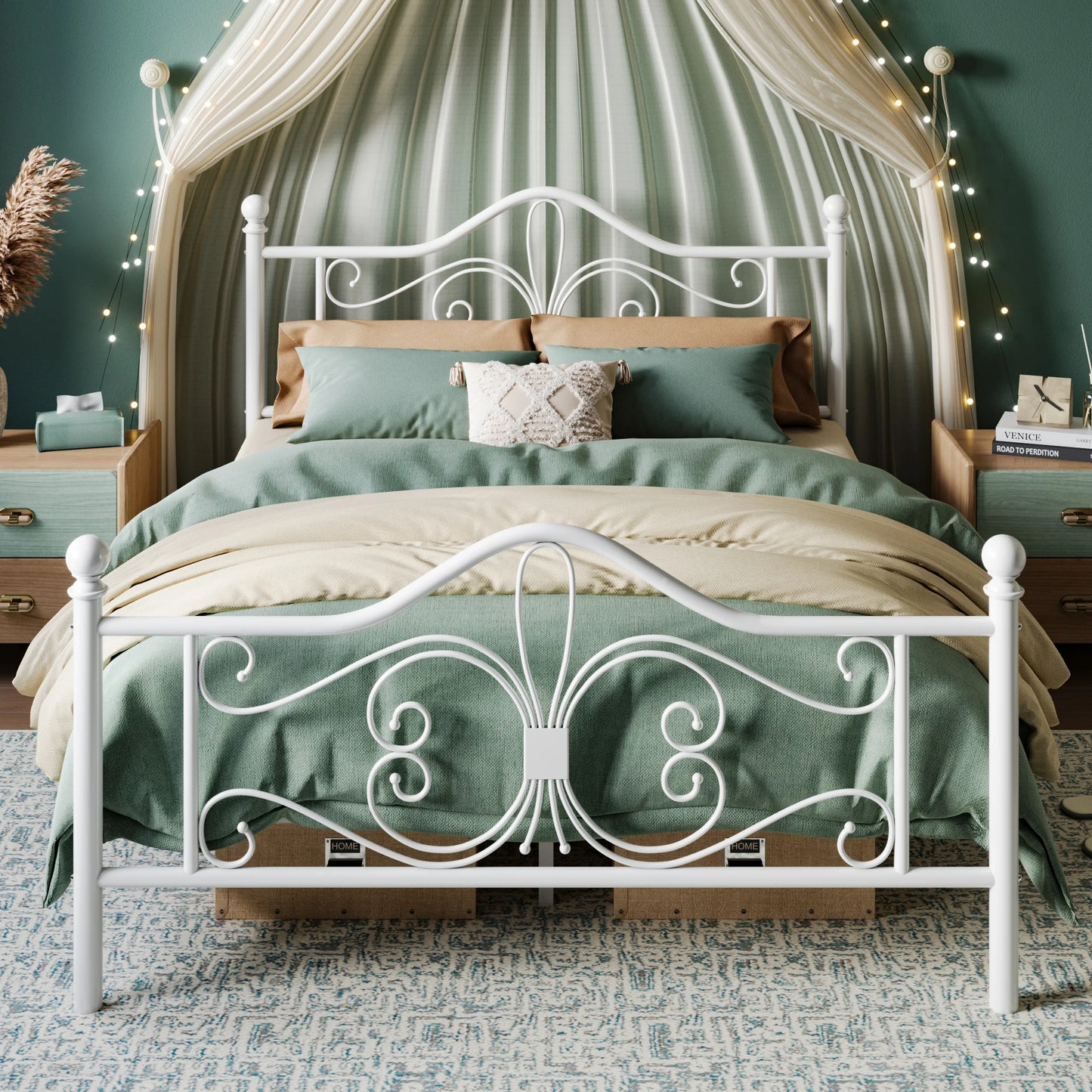 Kids Platform Bed Frame Metal With Butterfly Pattern Headboard Footboard