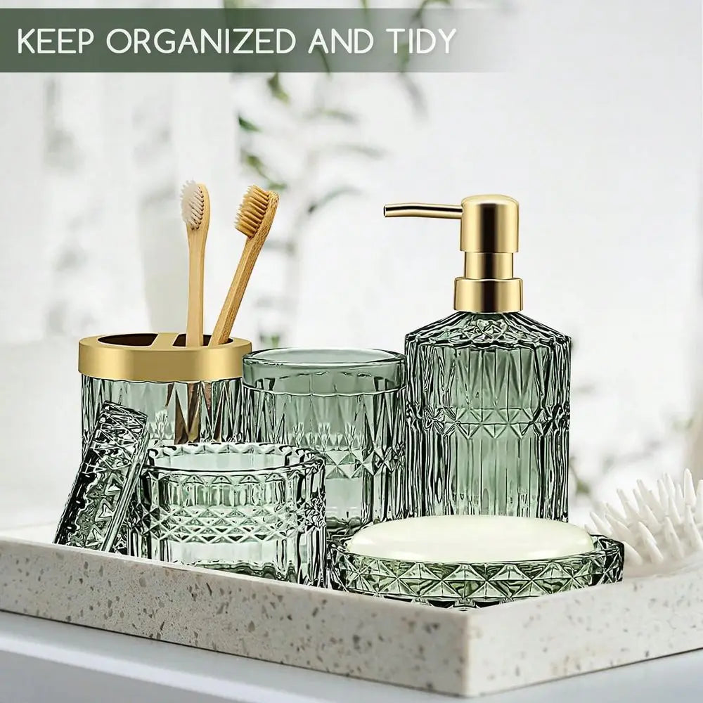 Diamond Glass Bathroom Accessory Set, Includes Lotion Dispenser, Soap Dish, Toothbrush Holder, Tumbler Cotton Swab Jars, Modern