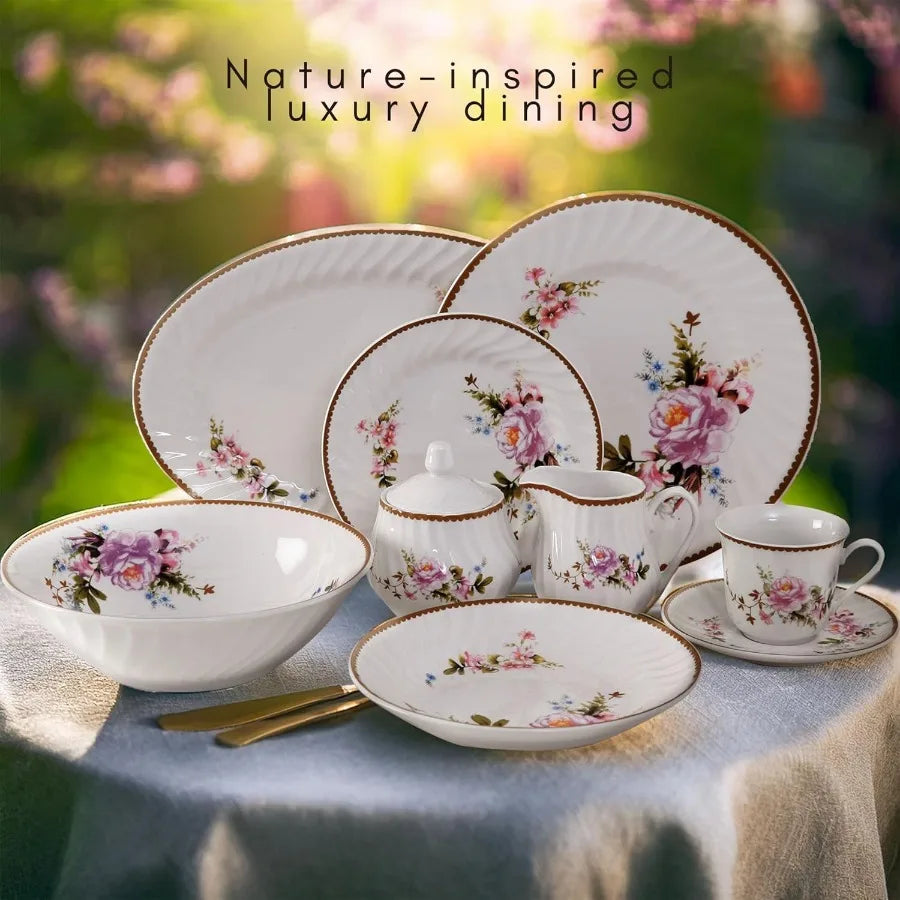 Paradise Timeless Rose Floral 45Piece Dinnerware Set Service for 6 Embossed Swirl Porcelain Plates and Bowls Gold Decal Trim Ap