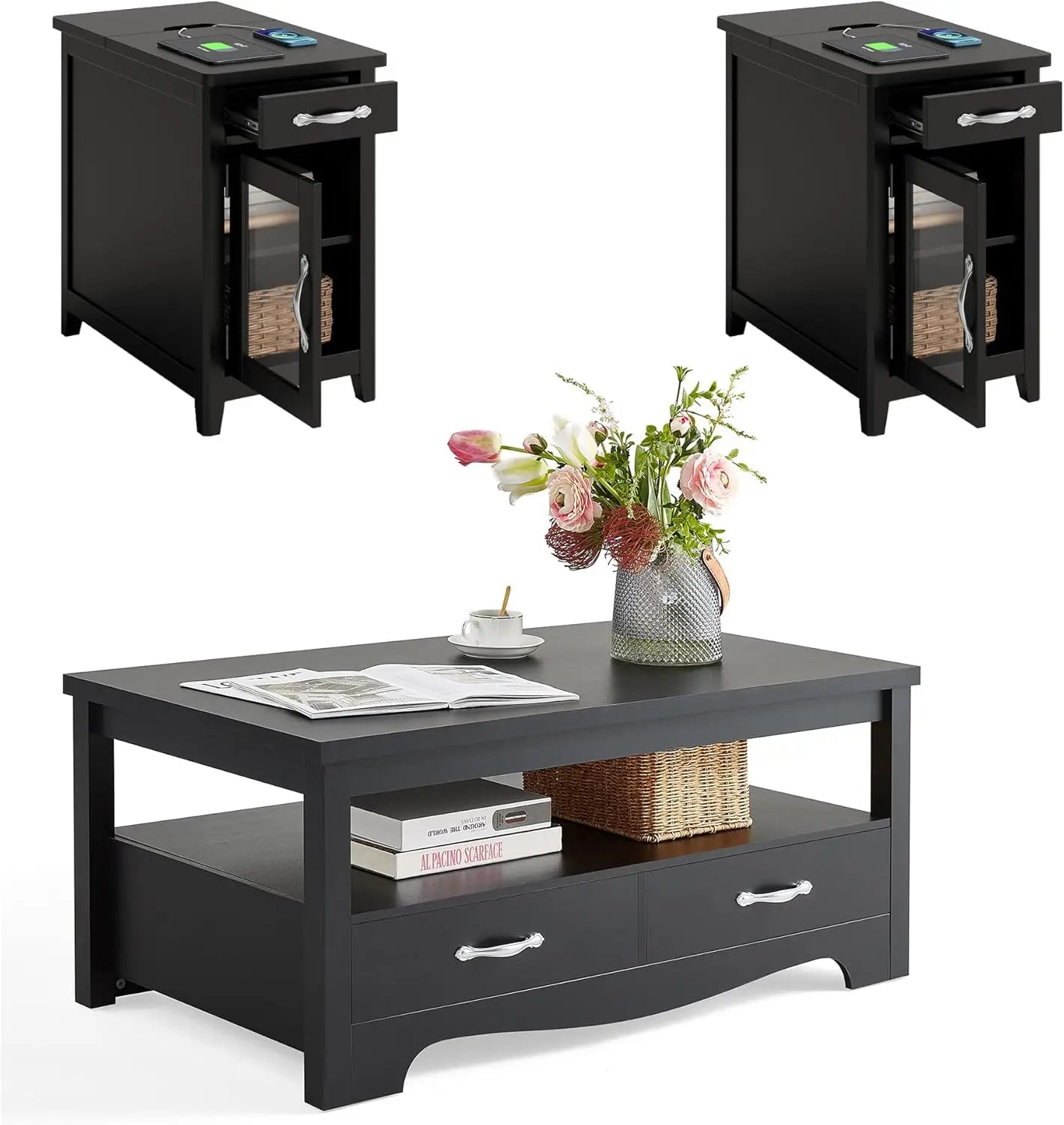 Farmhouse 3 Piece Coffee Table Set With Two End Tables