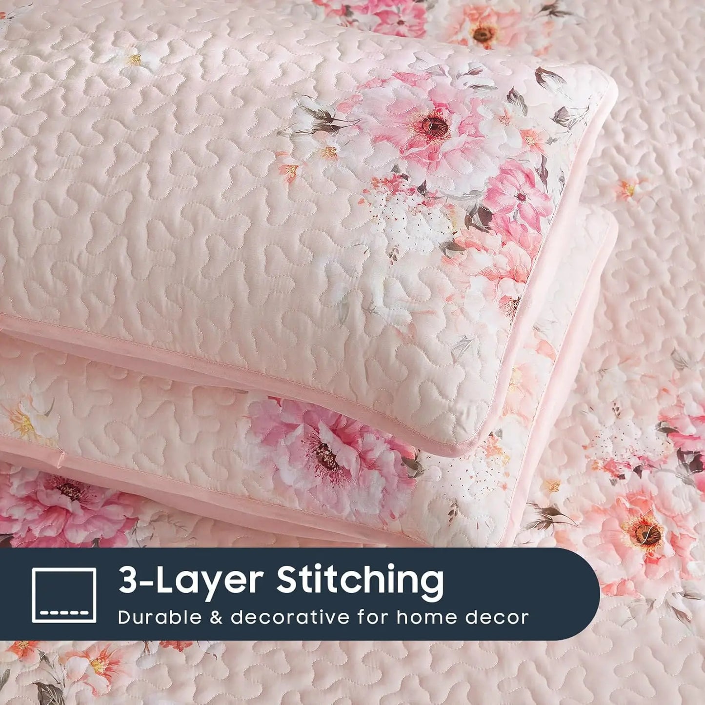 Floral Shabby Chic Quilt Set 3 Pieces Light Pink Reversible Bedspread Coverlet for Queen Full Bed