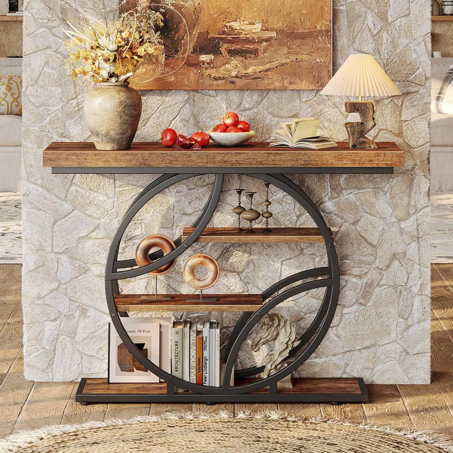 Rustic Industrial Console Table With Storage Shelves O Frame
