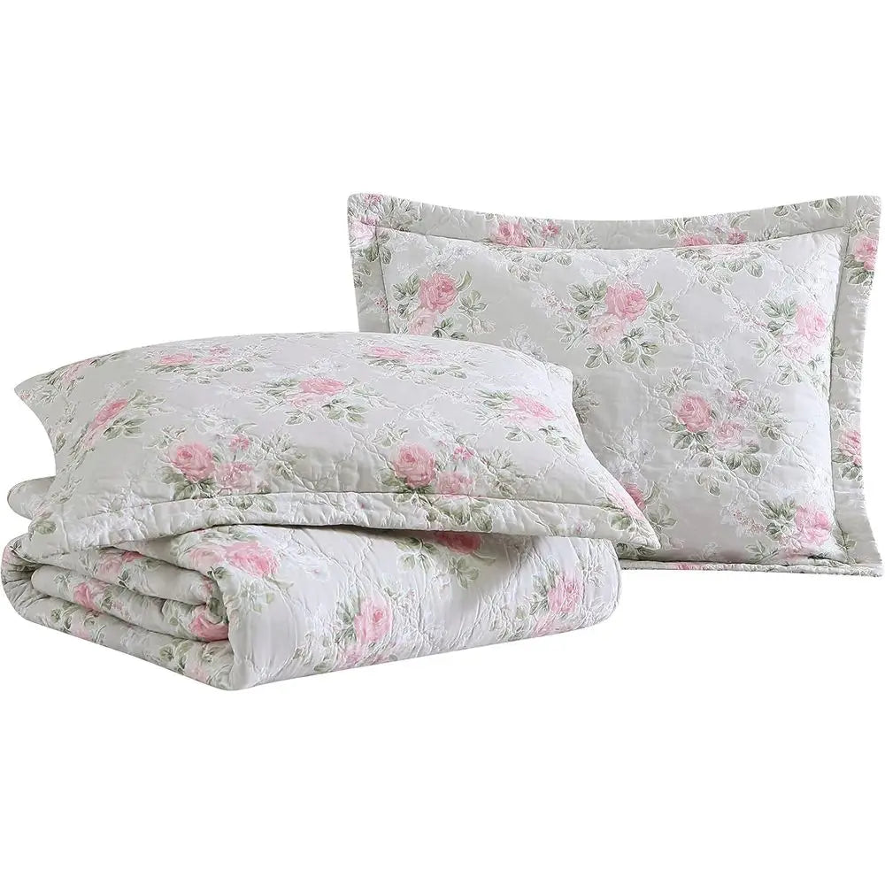 Reversible Cotton Queen Quilt Set with Matching Shams, Lightweight All-Season Bedding, Melany Pink
