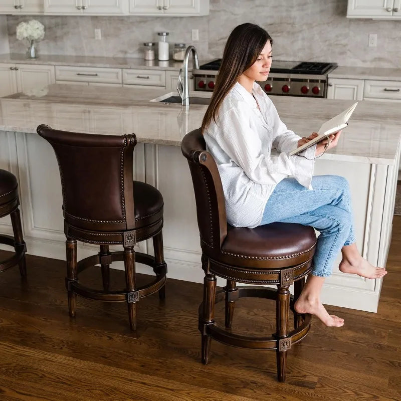 Lane 26" Pullman Counter Height Bar Stool - Handcrafted Swivel Bar Stool with Dark Walnut Finish and Vintage Brown Vegan L