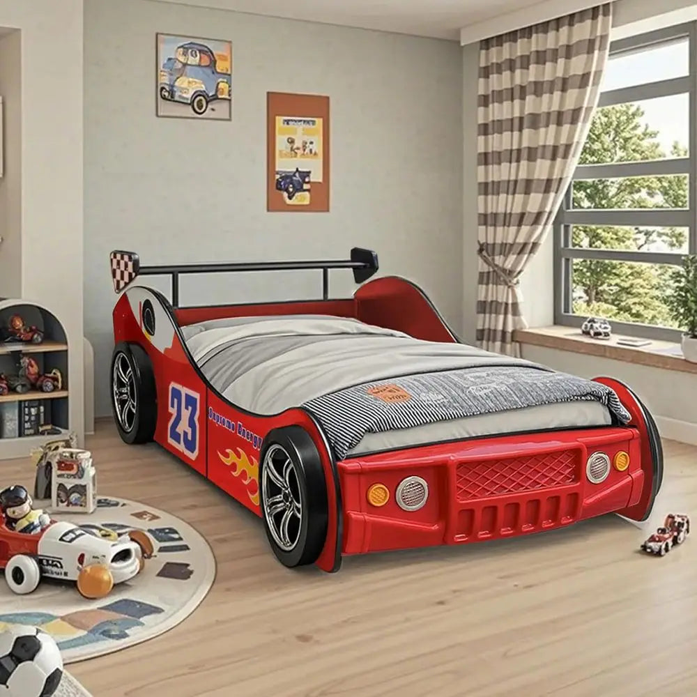 Twin Size Kids Race Car Wooden Platform Bed with Board Wheels and Support Slats for Boys Toddlers Bedroom (Red)