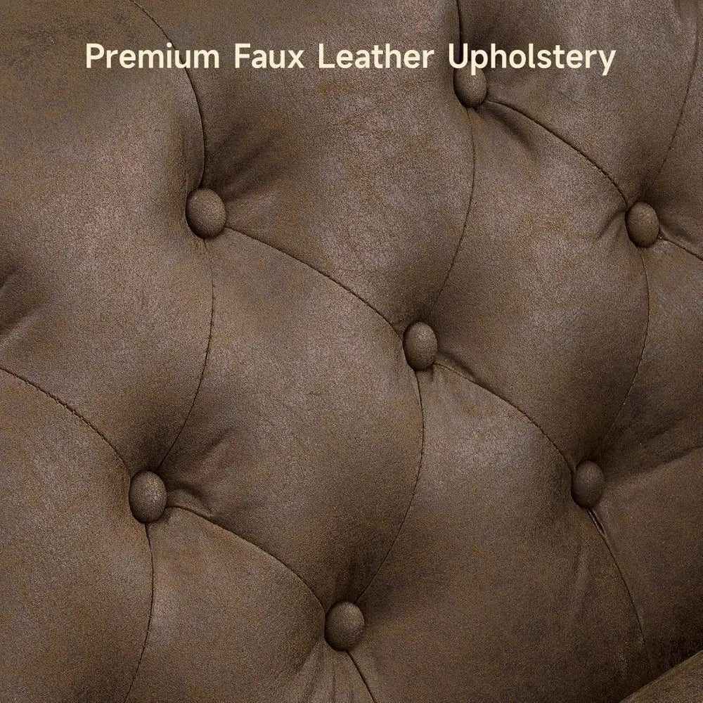 Chesterfield Faux Leather Sofa Mid-Century Modern With Deep Seat