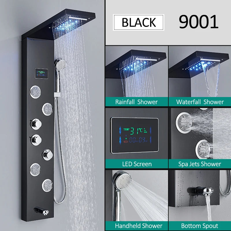 Quyanre LED Shower Panel Tower System LCD Display Rain Massage