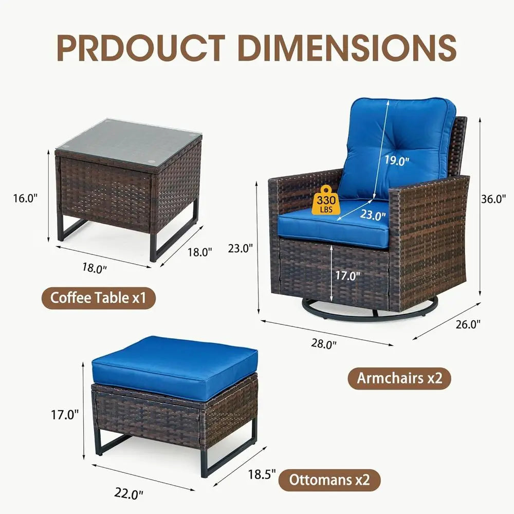 5-Piece Patio Set With Swivel Glider Chairs Glass Side Table