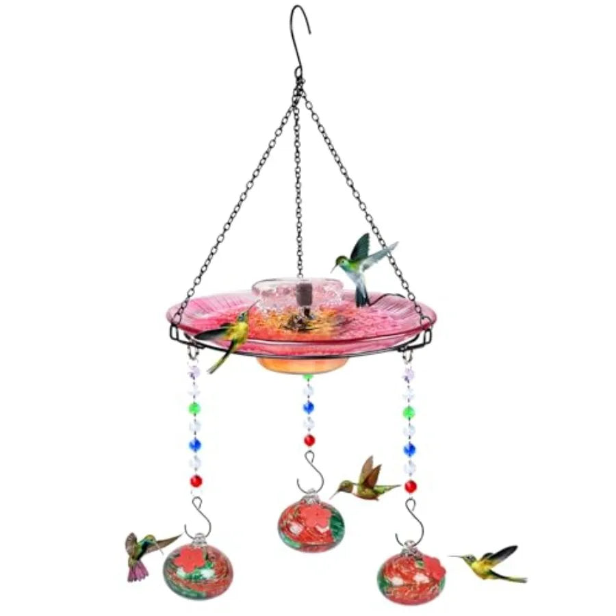 Hummingbird Feeder and Bird Bath for Outdoors 2-in-1 for Small Birds - Hummingbird Bath Fountain with 3 Feeder Pots - Hanging S