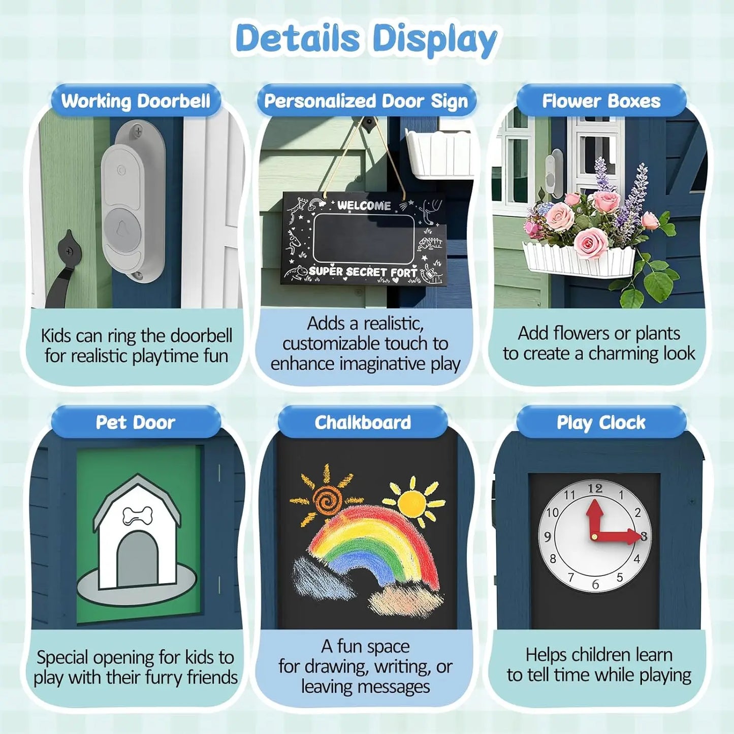 Outdoor Wooden Kids Playhouse With Kitchen Doorbell Stove Sink Clock