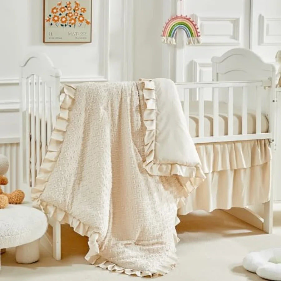 3 Pieces Tufted Crib Bedding Set with Ruffle Fringe Ruffled Comforter with Fitted Sheet and Bed Skirt Soft and Embroidery Shabb