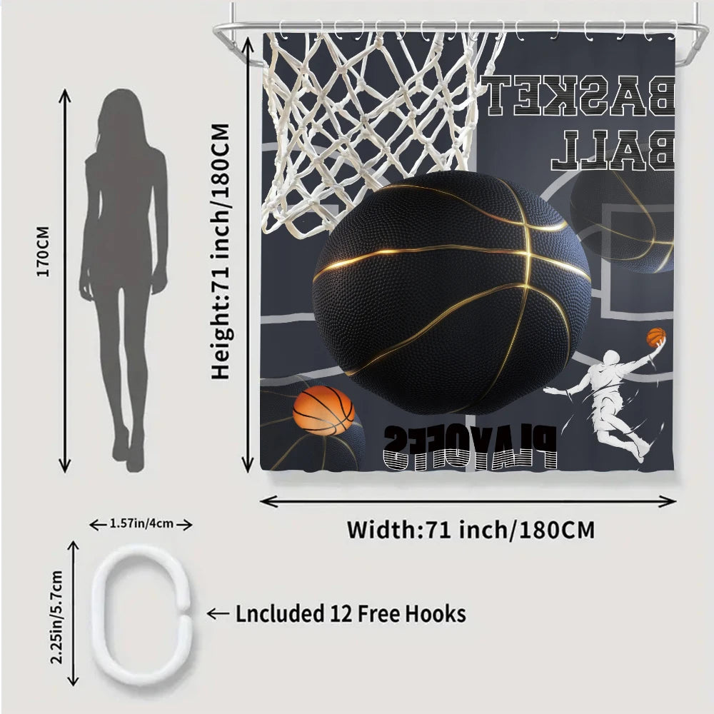 Basketball Themed Four-Piece Bath Set With Waterproof Shower Curtain