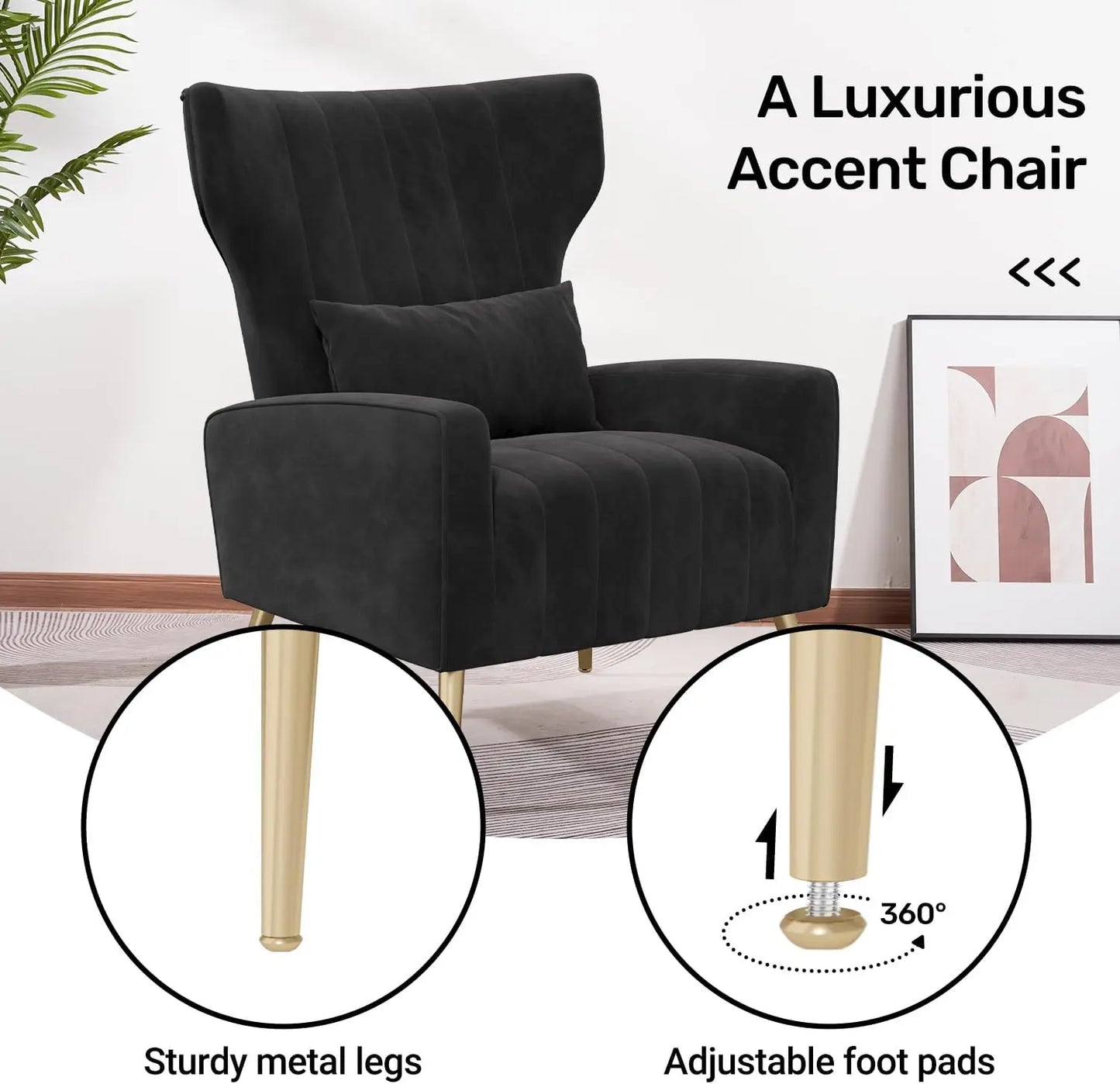 Black Velvet Accent Chair Set of 2, Wingback Chair for Living Room, High Back Arm Chair with Golden Legs Lumbar Pillow, Upholste