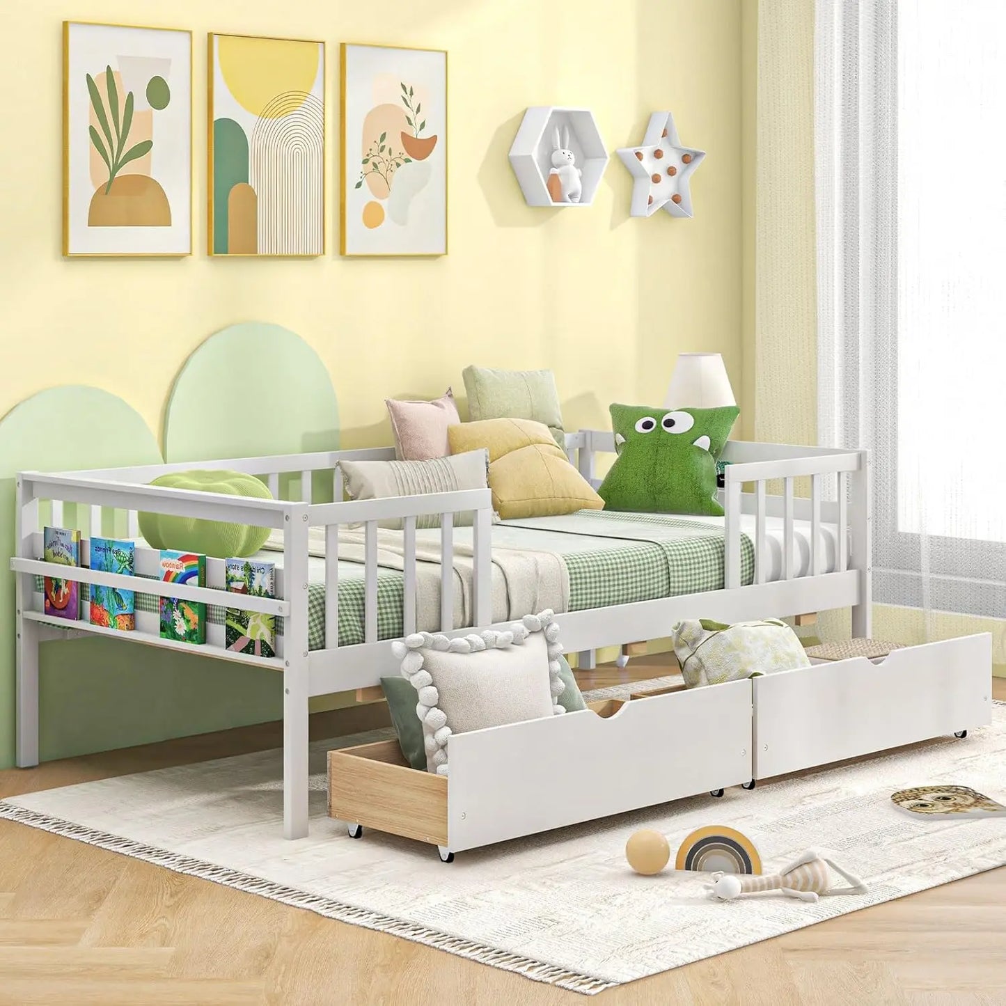 Wood Montessori Kids Bed With Storage Drawers And Rails Daybed