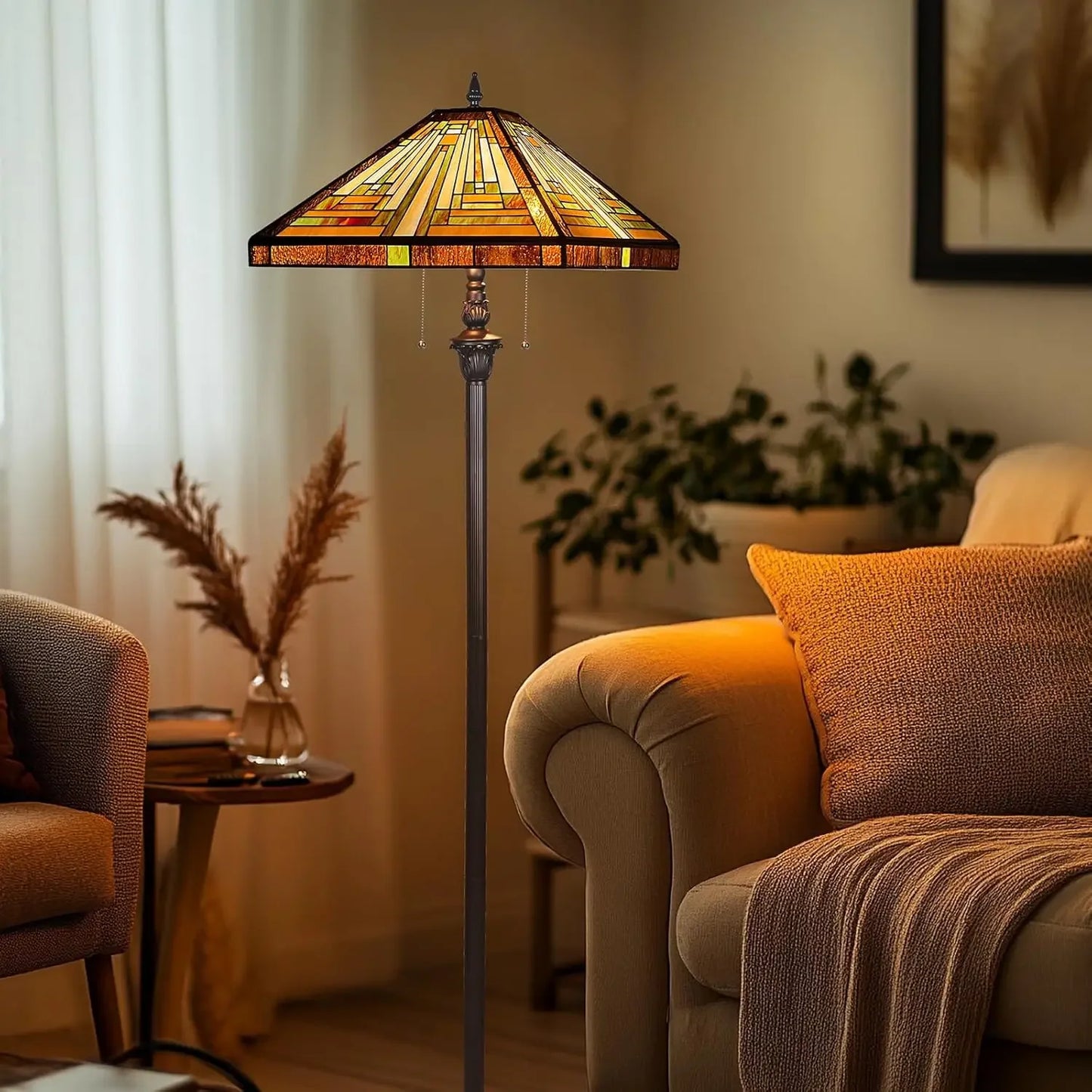 Capulina Tiffany Lamp Stained Glass Floor Lamp 2-Light 16X16X63 Inches Amber Brown Mission Antique Tiffany Style Standing Readin