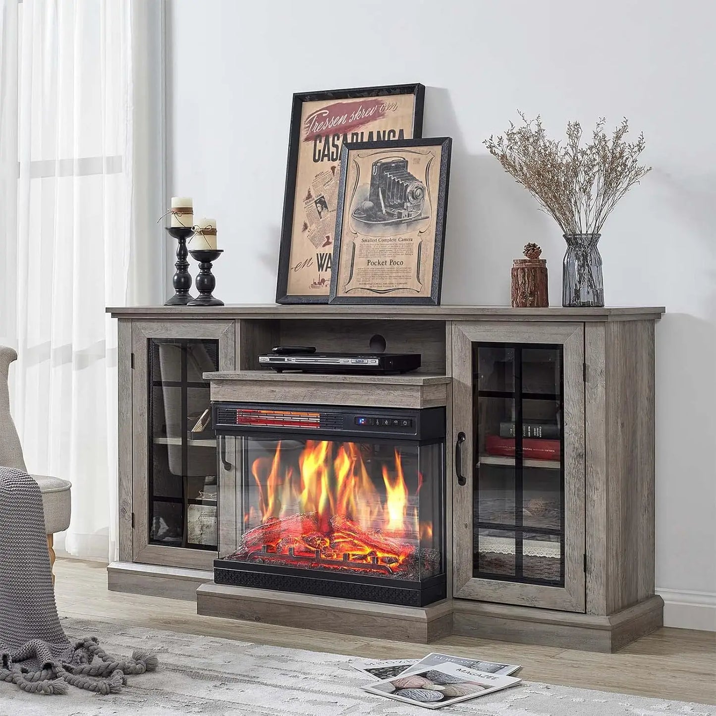 Three Sided Glass Fireplace TV Stand With Adjustable Flame Effects