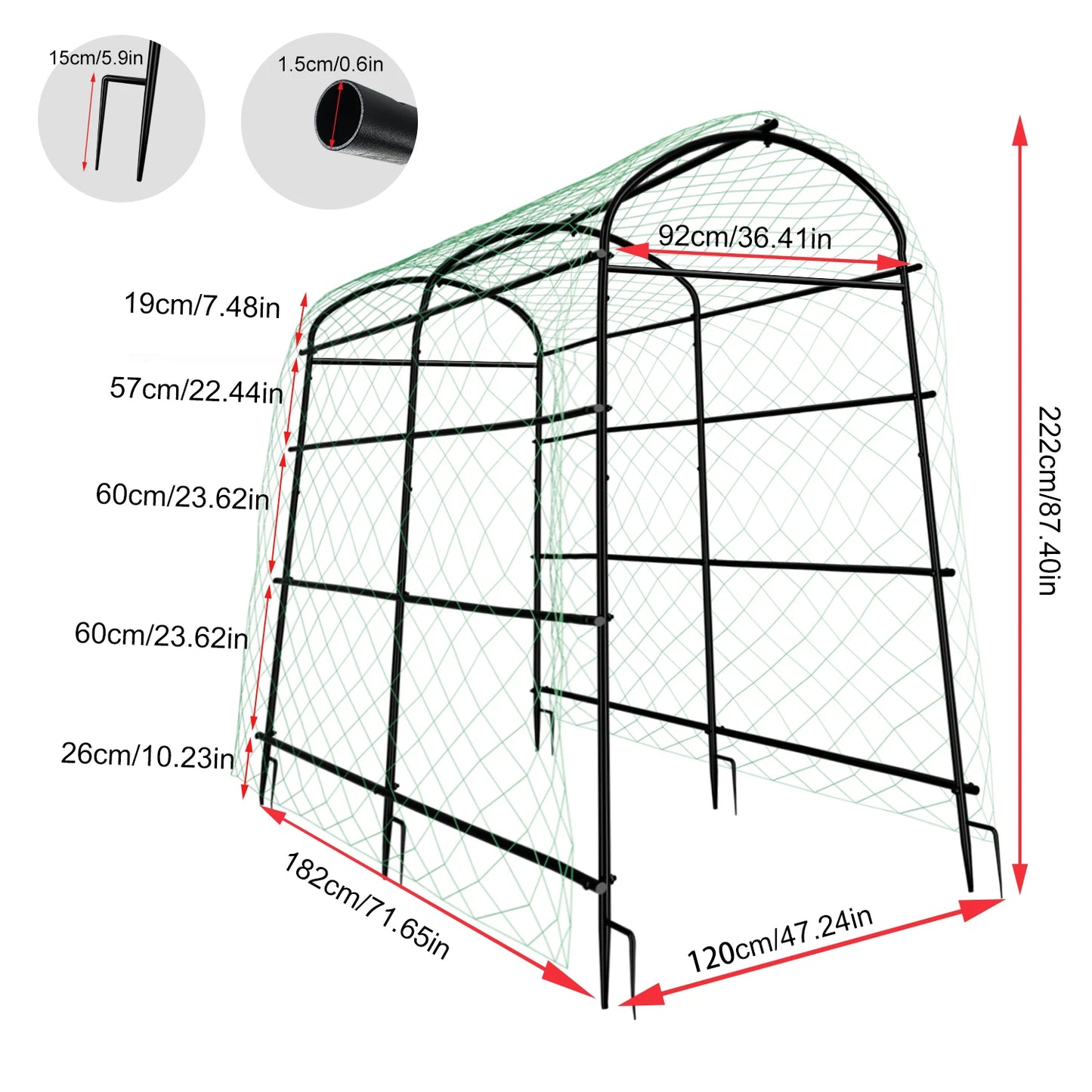 U-Shaped Garden Cucumber Trellis for Climbing Plants Support Frame with Nylon Netting and Spikes Metal Garden Trellis Arch