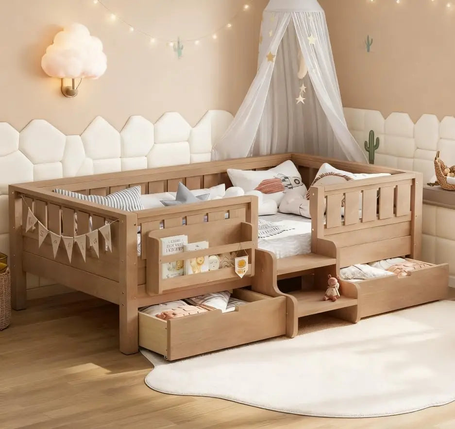 Twin Kids Bed with High Rails Built-in Bookshelf Drawers Wood Montessori Bed for Girls Boys Beige, Customized