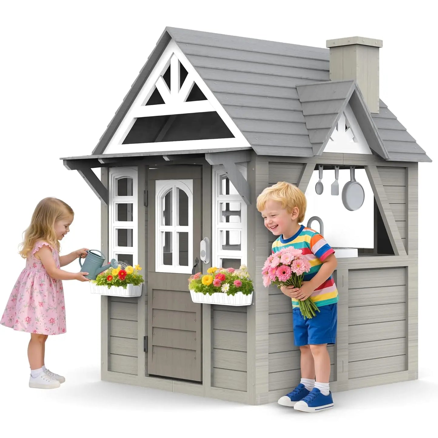 Playhouse Outdoor,Wooden Play House Playset, Large, Sturdy, Realistic Design with Kitchen, Doorbell, Customized