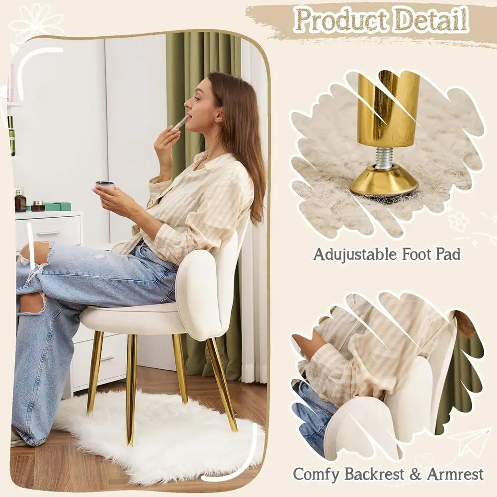 White Velvet Makeup Vanity Chair with Adjustable Gold Legs and Bow Pillow for Home Office or Bedroom
