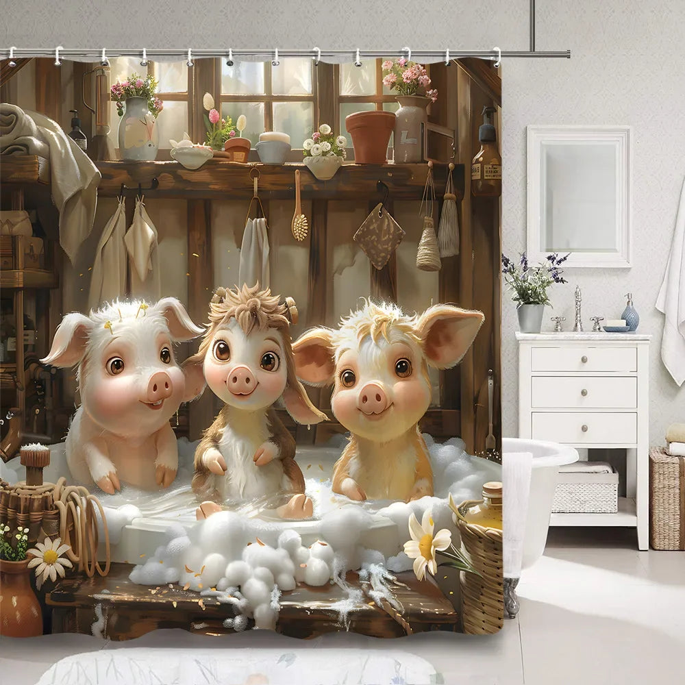 Cute Pig Bath Curtain For Kids Cartoon Animals Polyester