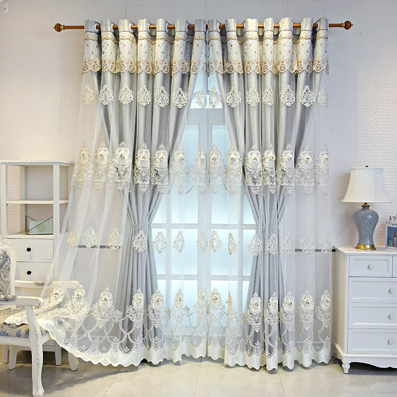 NONECN Elegant Double Layer Embossed 3D Embroidered Blackout Curtains Bedroom