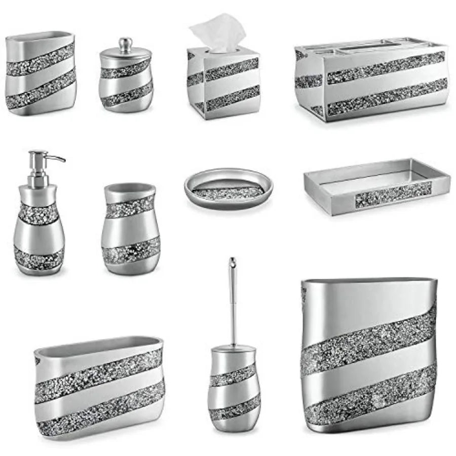 Silver Mosaic Bathroom Accessories Set 6 Piece Complete Set with Trash Can Tissue Cover Soap Dispenser Toothbrush Holder Tumble
