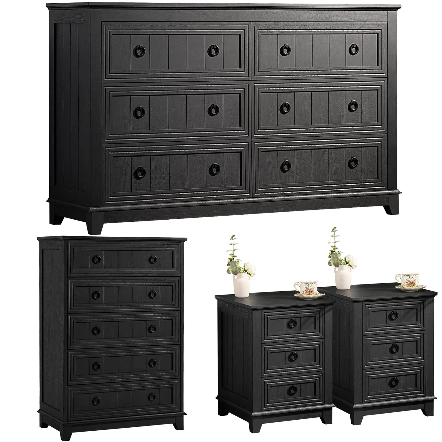 Bedroom Dresser and Nightstand Sets 4 Piece,18" Nightstands Set of 2, 54" Wide Furniture Dressers for Bedroom,Living Room, Black