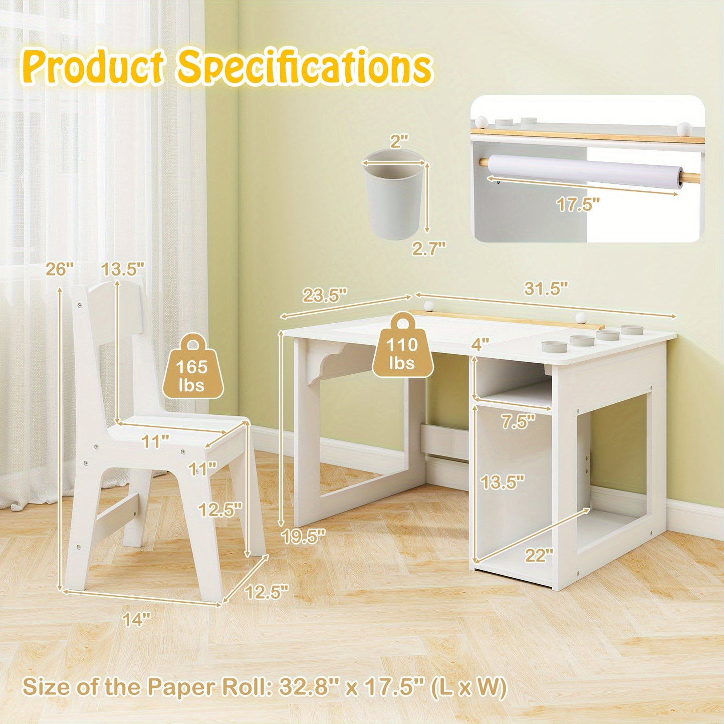 COSTWAY Kids Art Table And Chair Set With Paper Roll
