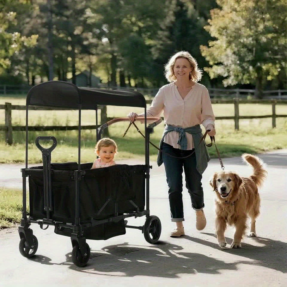 Foldable Luxury Stroller Wagon With Adjustable Canopy For Two Kids
