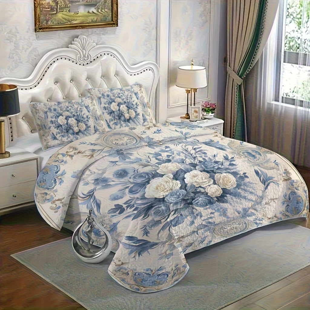 Flower Design Quilt Set Hypoallergenic Breathable All Seasons Lightweight Bedding