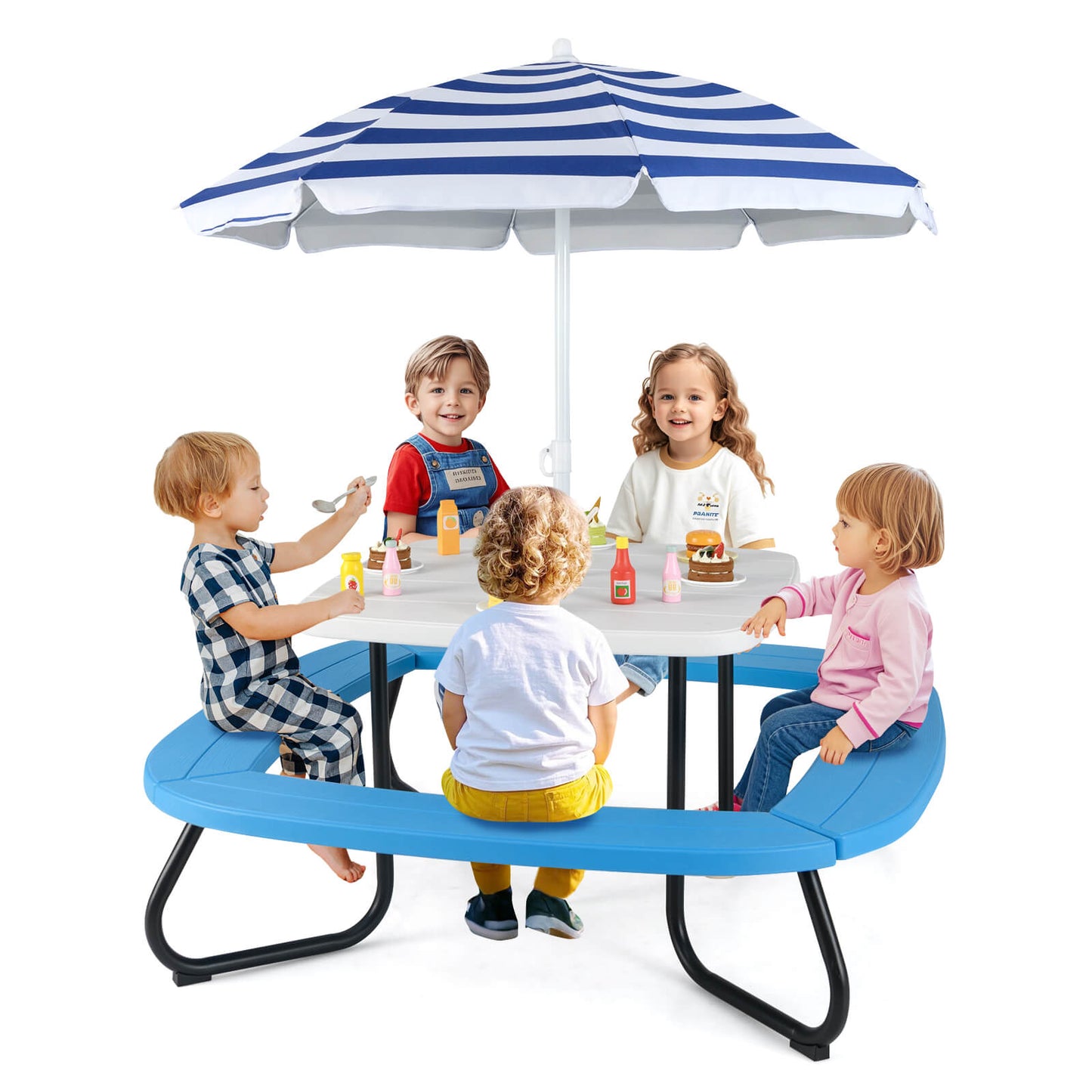 COSTWAY Picnic Table with a Height-Adjustable Umbrella, Durable HDPE Outdoor Table with Four Benches for Eight Kids, Sturdy Metal Structure, Suitable for Indoor And Outdoor Activities for Toddlers Aged 3 And Up