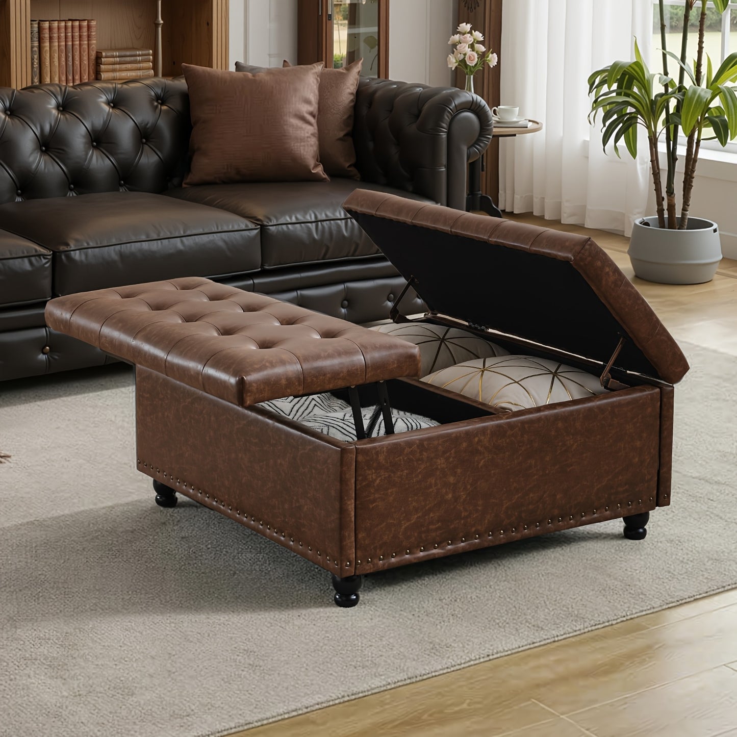KINGFUN Square Storage Ottoman With Removable Lid Hardwood