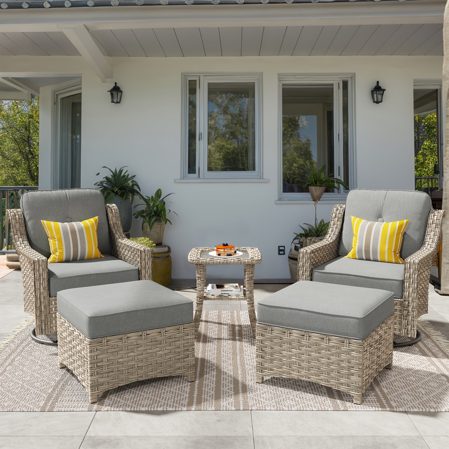 HOOOWOOO Outdoor 360-Degree Swivel Chairs Set With Ottomans And Table
