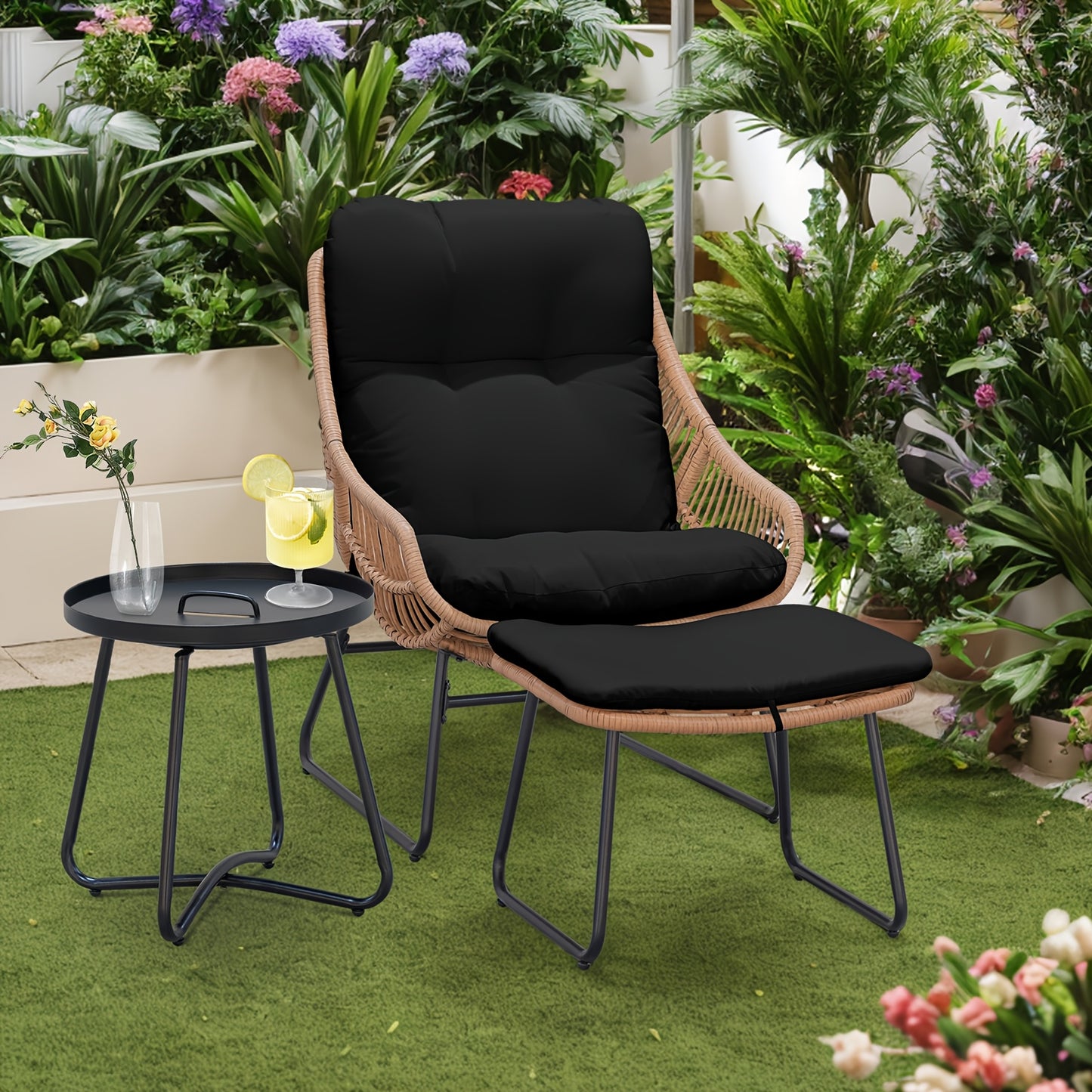 TAPPIO 3 Piece Outdoor Patio Furniture Set Papasan Chair Ottoman