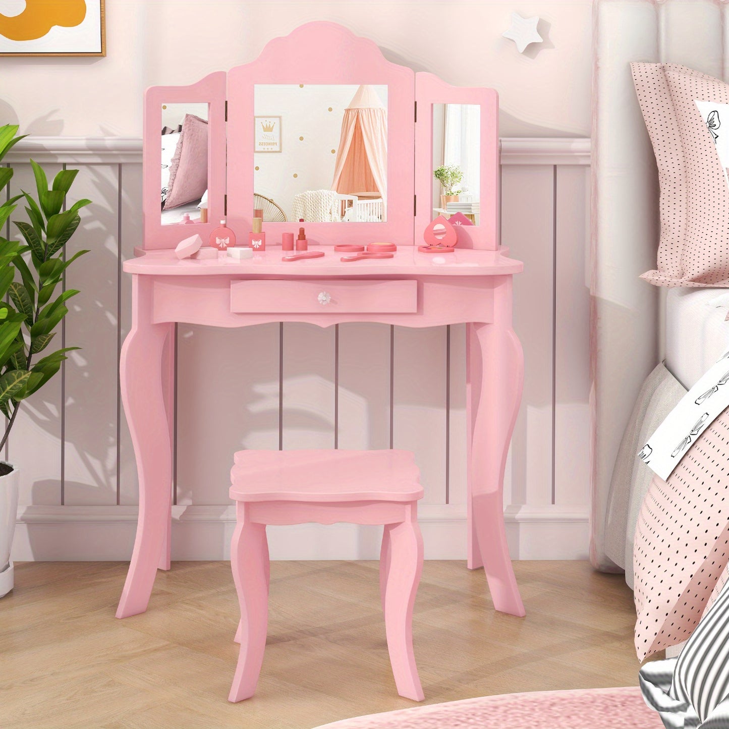 COSTWAY Princess Vanity Set with Chair and Jewelry Armoire