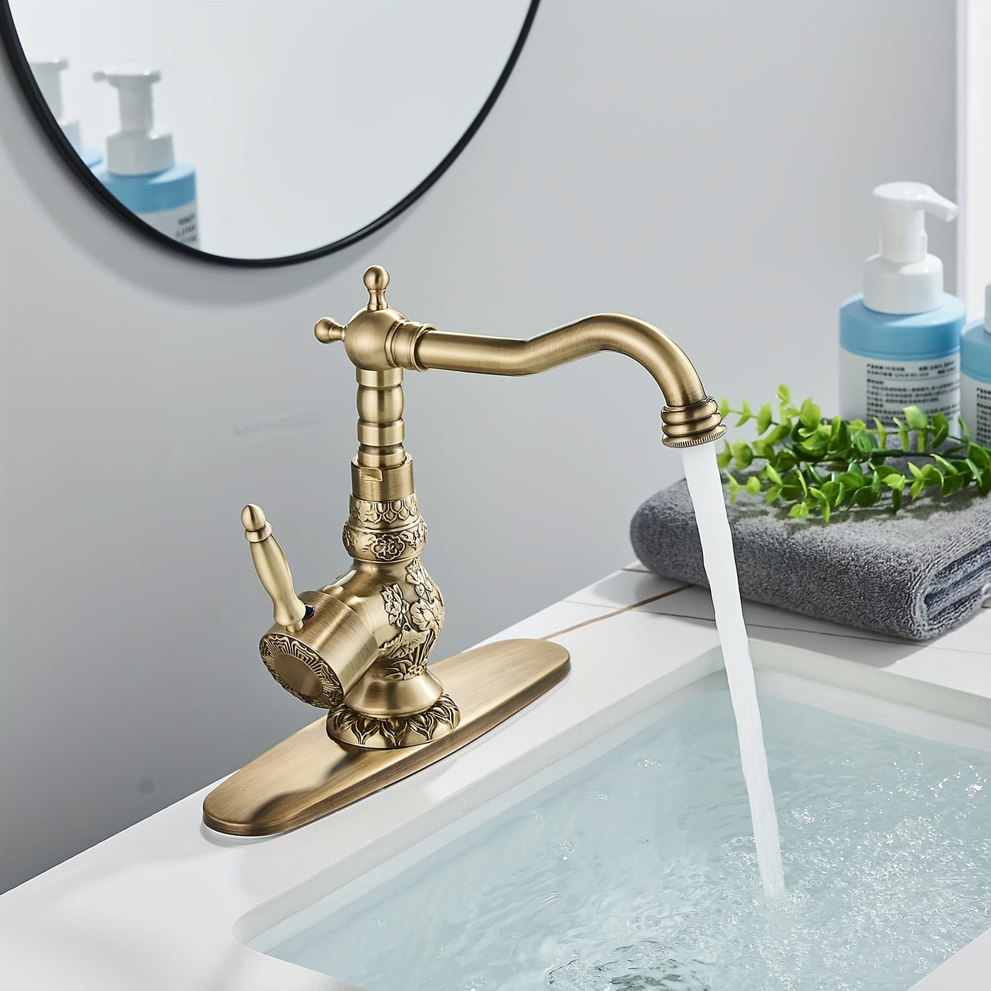 YAGATAP Antique Brass Bathroom Faucet 360 Swivel Spout Vanity Sink