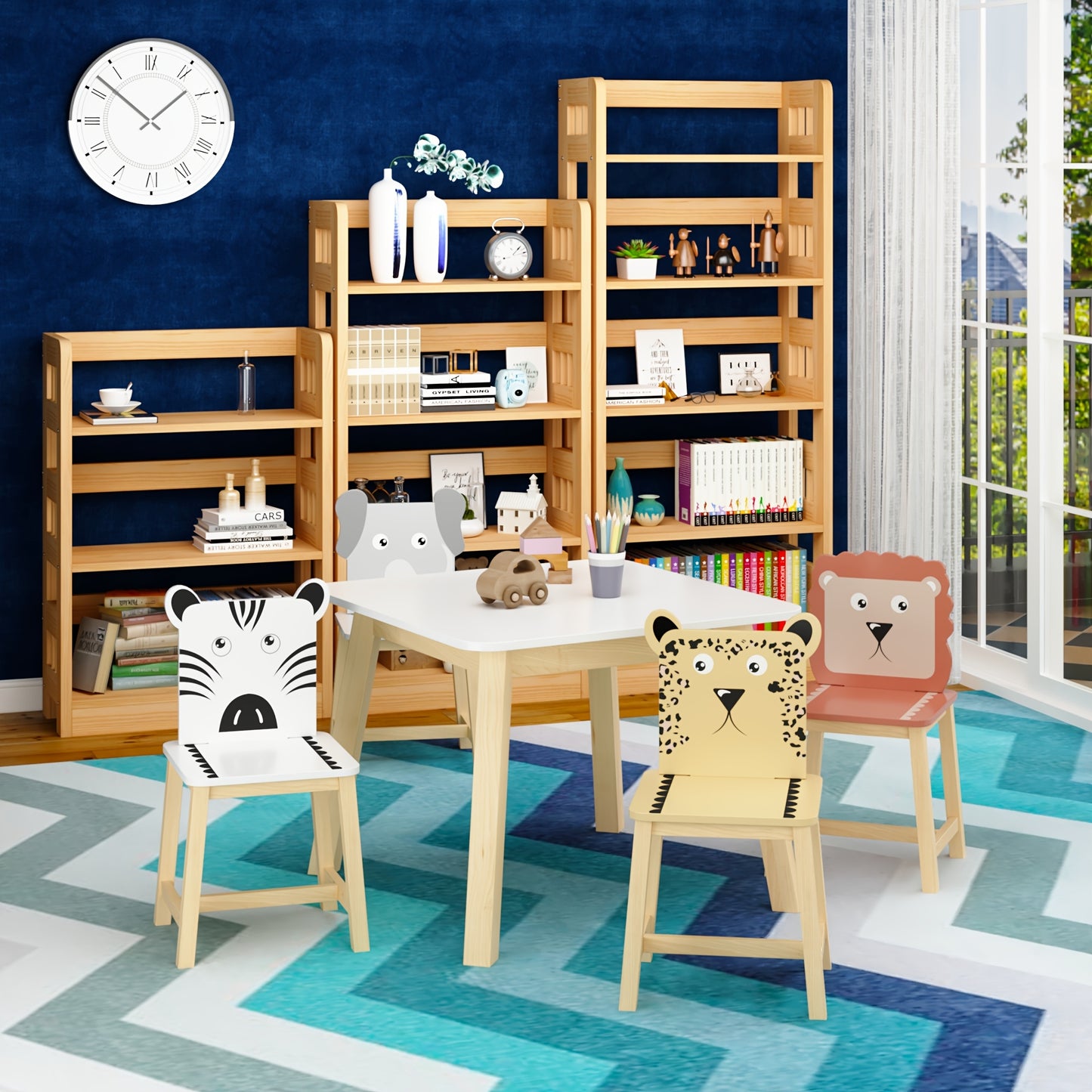 Kids Table And Chair Set With Animal Theme Wood Furniture