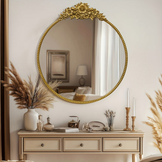 GROWSUN Elegant Round Wall Mirror With Vintage Floral Frame